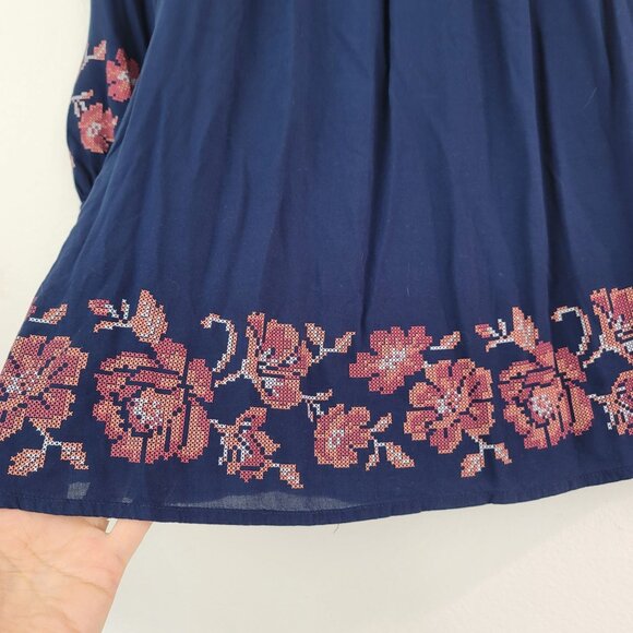 Unity World Wear Sz S Floral Navy Peasant Top Smocked 3/4 Sleeves Boho Blouse - Picture 3 of 11